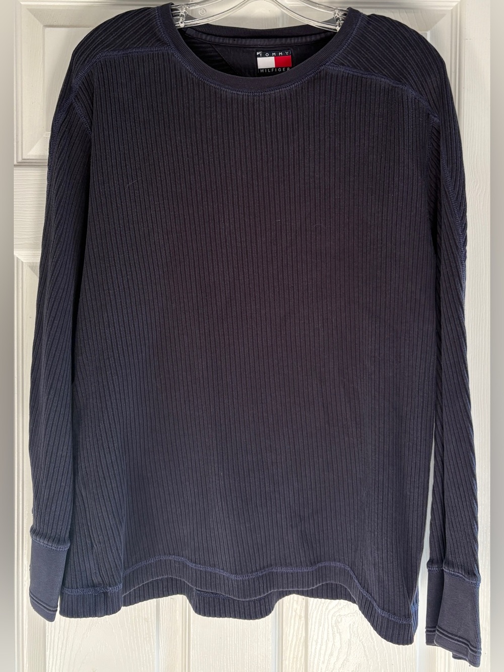 Vintage Y2K Tommy Hilfiger Ribbed Navy Blue Cotton Crewneck Shirt Large L